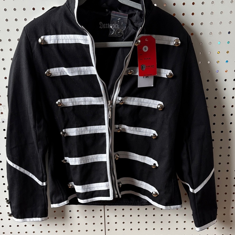 Dark Rock Black and White Military Style Drummer Jacket with tags Flaw in zipper
